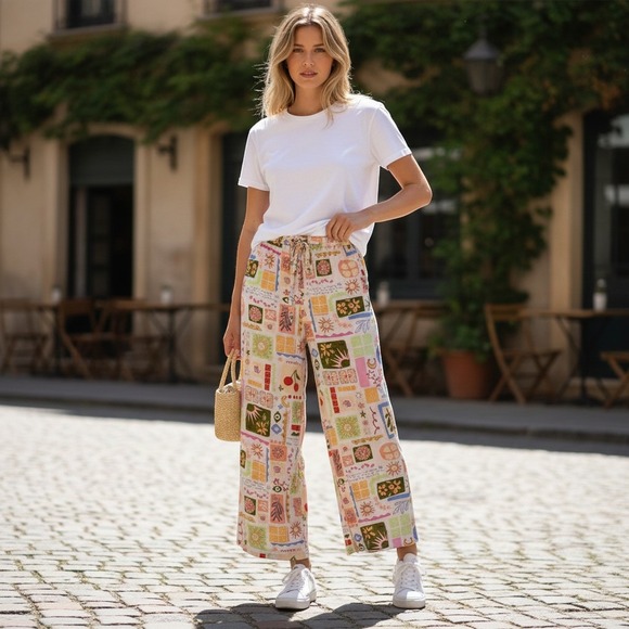 Cali 1850 Pants - Cali 1850 Novelty Print Wide Leg Pants Rayon Linen Blend XL Multicolor Boho